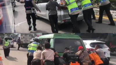 Salut! Polwan Polres Bogor Bantu Dorong Mobil Mogok Saat One Way di Puncak